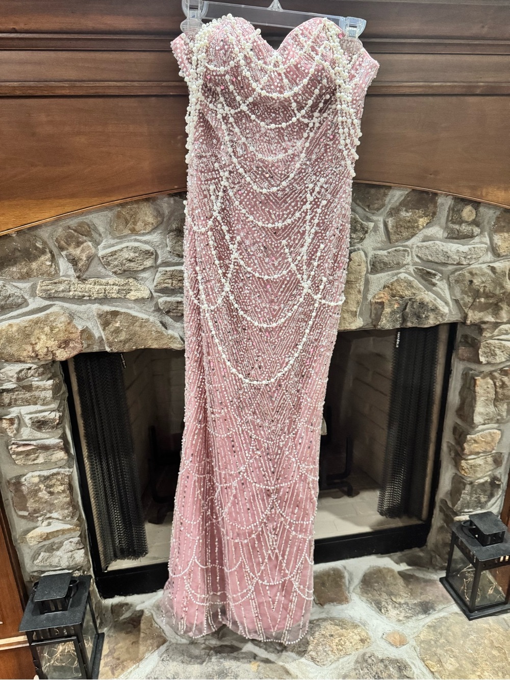 Blush Pink Strapless Beaded Evening Gown
